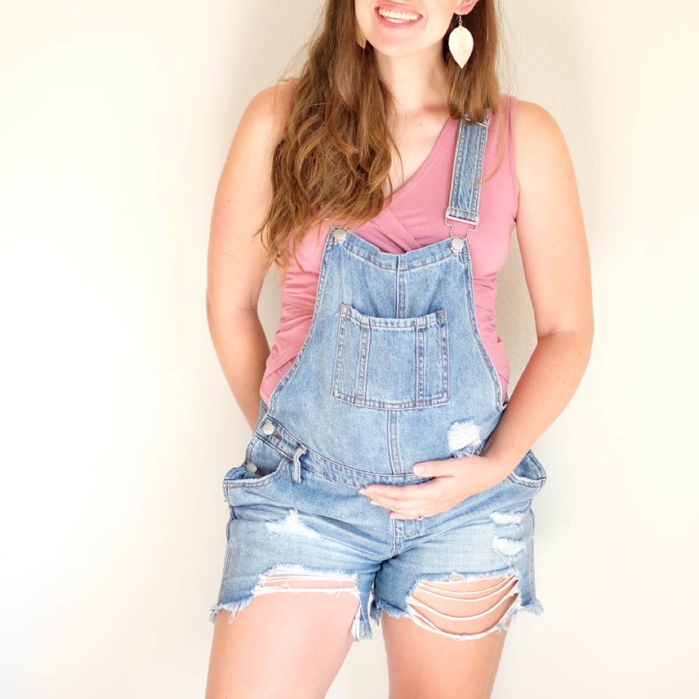 Ripe Maternity Light Blue Distressed Denim Short Overalls